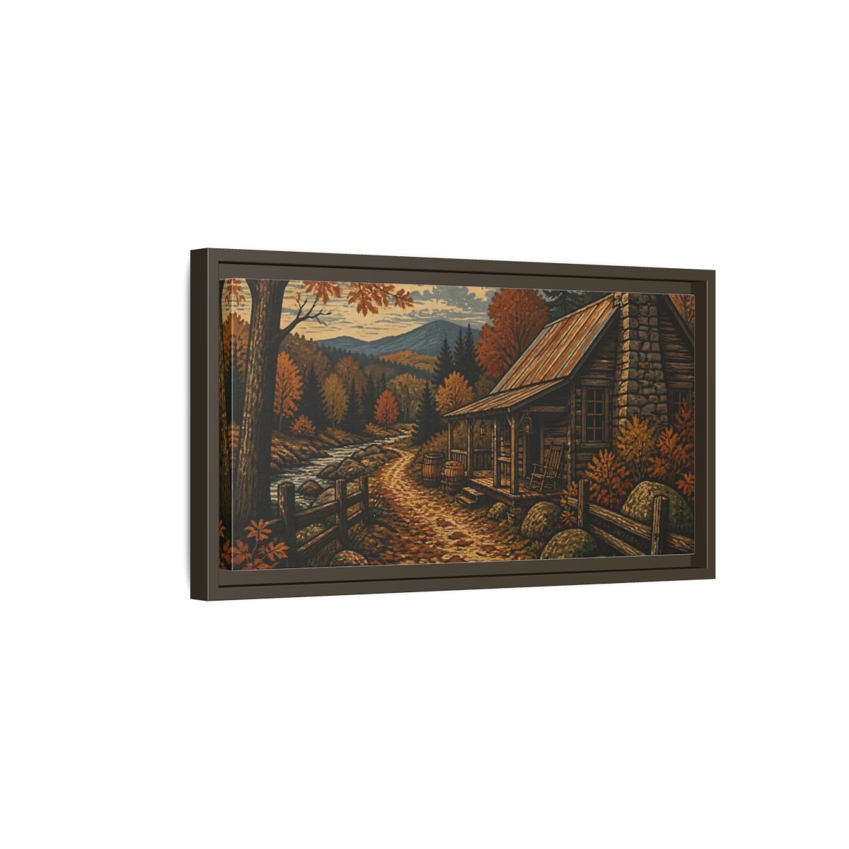 Side Mockup 7. Rustic Autumn Cabin Path shown as framed canvas print