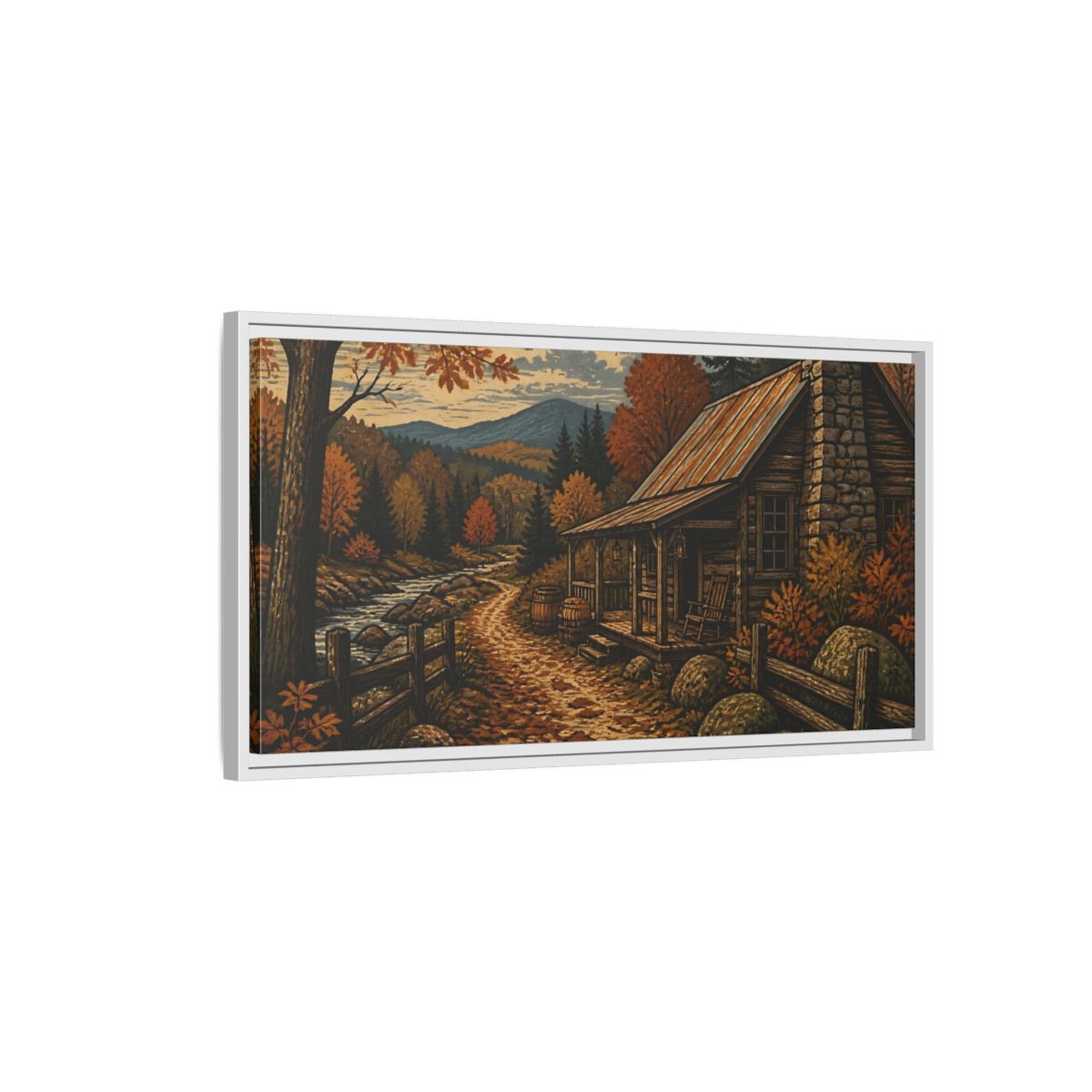 Side Mockup 1. Rustic Autumn Cabin Path shown as framed canvas print