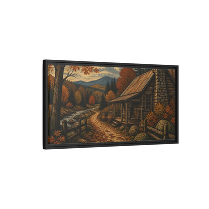 Side Mockup 2. Rustic Autumn Cabin Path shown as framed canvas print