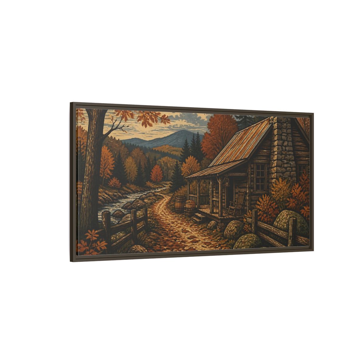 Side Mockup 4. Rustic Autumn Cabin Path shown as framed canvas print