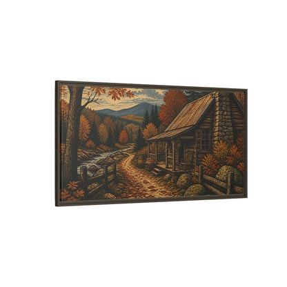 Side Mockup 4. Rustic Autumn Cabin Path shown as framed canvas print