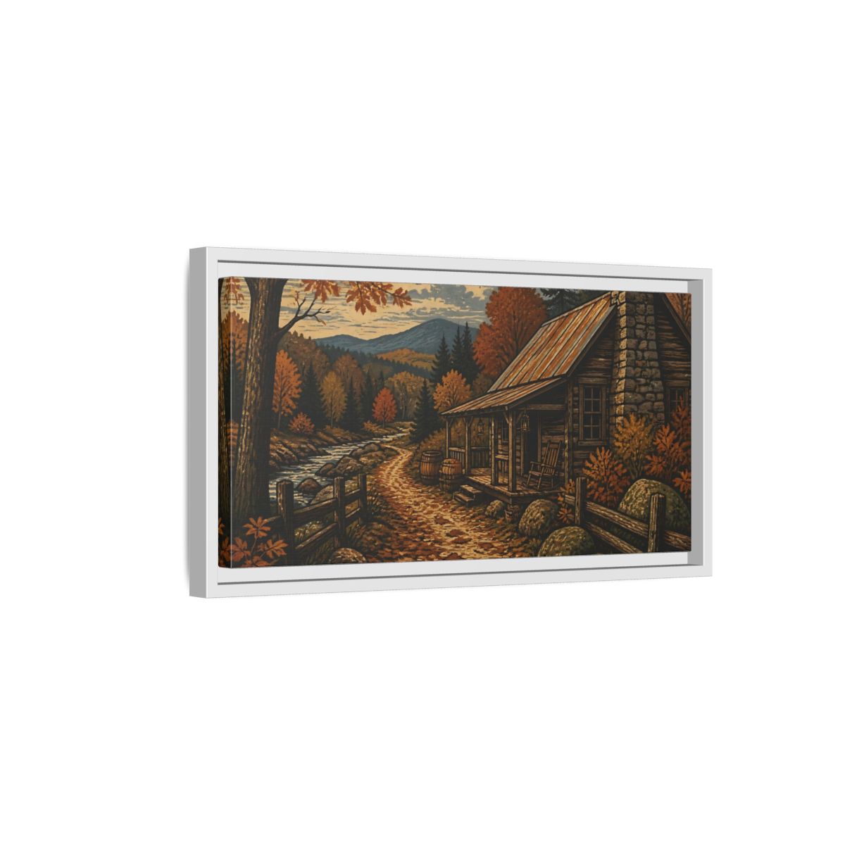Side Mockup 6. Rustic Autumn Cabin Path shown as framed canvas print