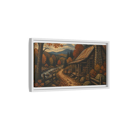 Side Mockup 6. Rustic Autumn Cabin Path shown as framed canvas print