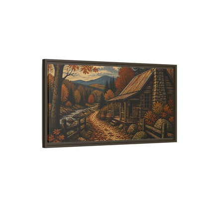 Main Mockup. Rustic Autumn Cabin Path shown as framed canvas print