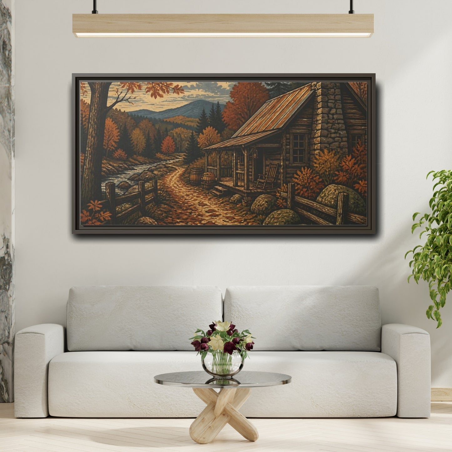 Mockup 2. Rustic Autumn Cabin Path shown as framed canvas print