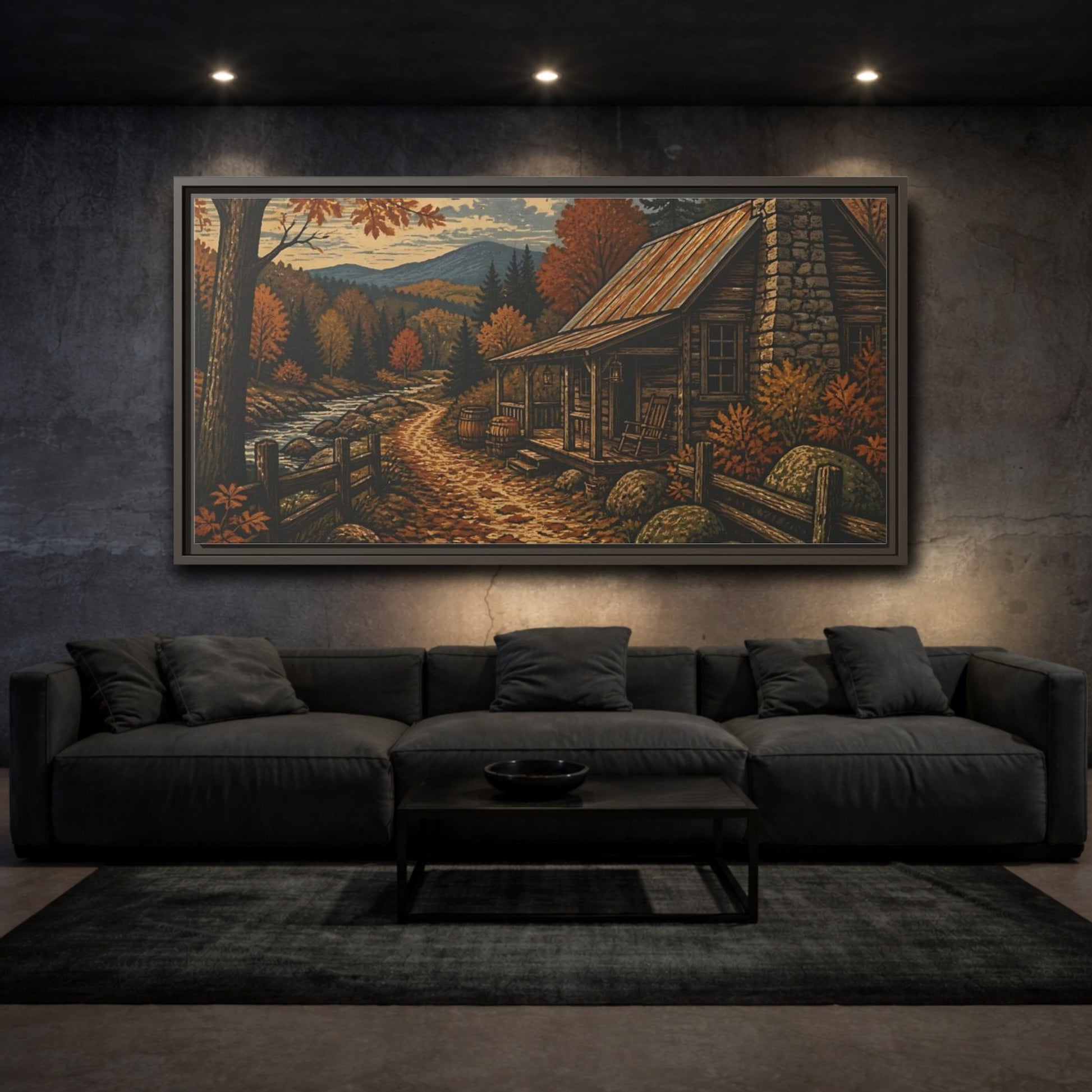 Mockup 3. Rustic Autumn Cabin Path shown as framed canvas print