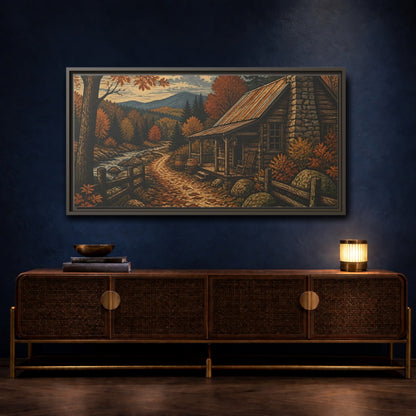 Mockup 4. Rustic Autumn Cabin Path shown as framed canvas print