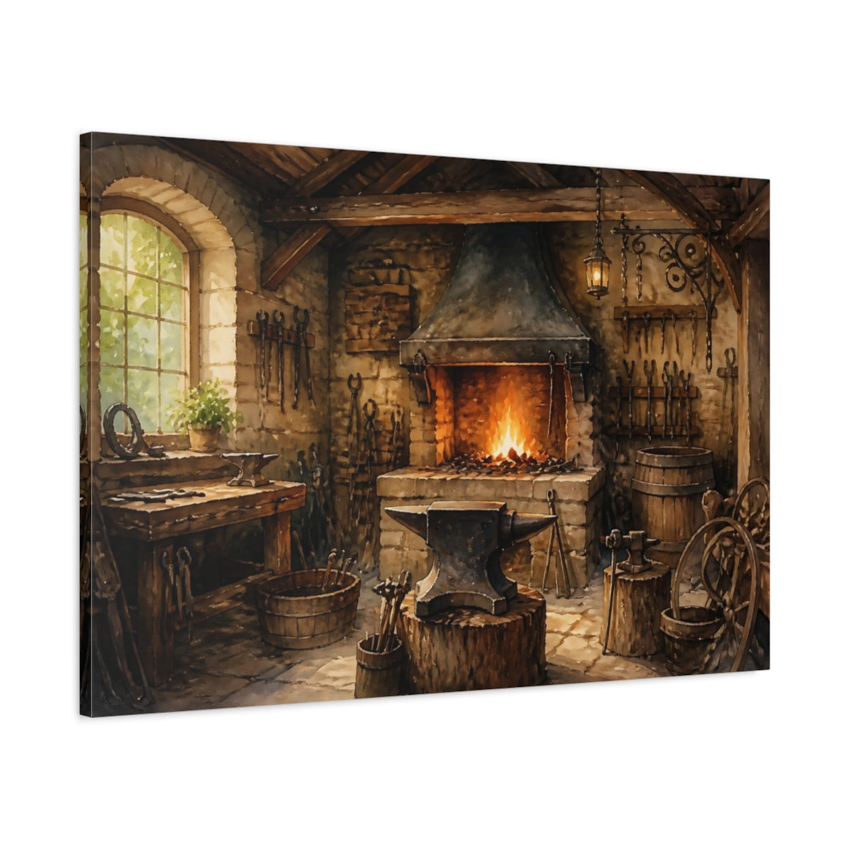 Main Mockup. Rustic Blacksmith Forge shown as canvas print