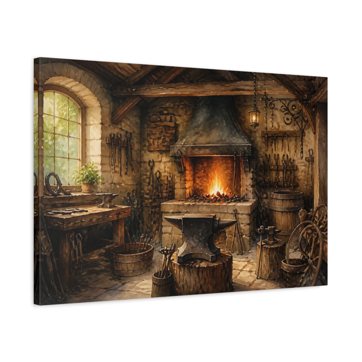 Side Mockup 2. Rustic Blacksmith Forge shown as canvas print