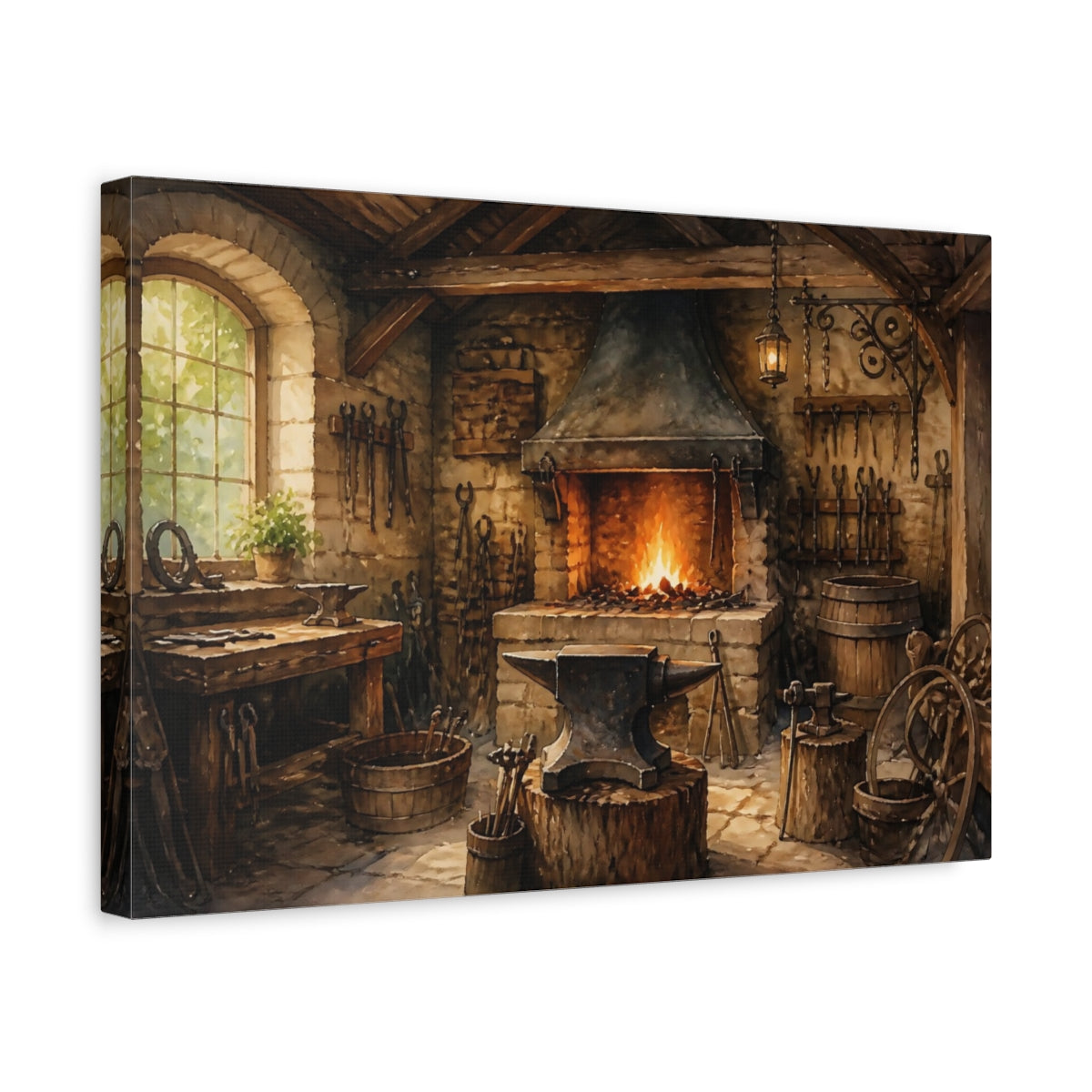 Side Mockup 4. Rustic Blacksmith Forge shown as canvas print