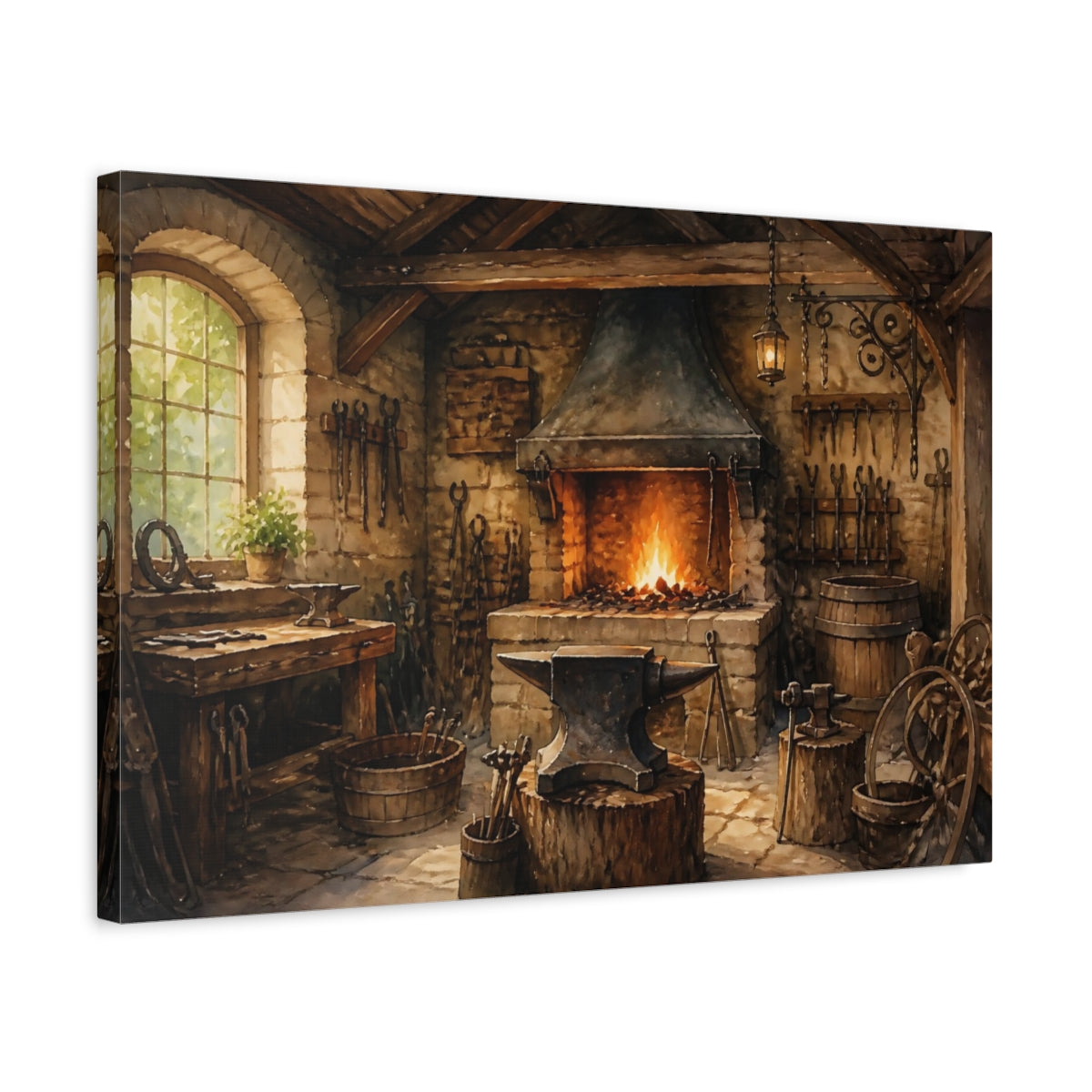 Side Mockup 3. Rustic Blacksmith Forge shown as canvas print