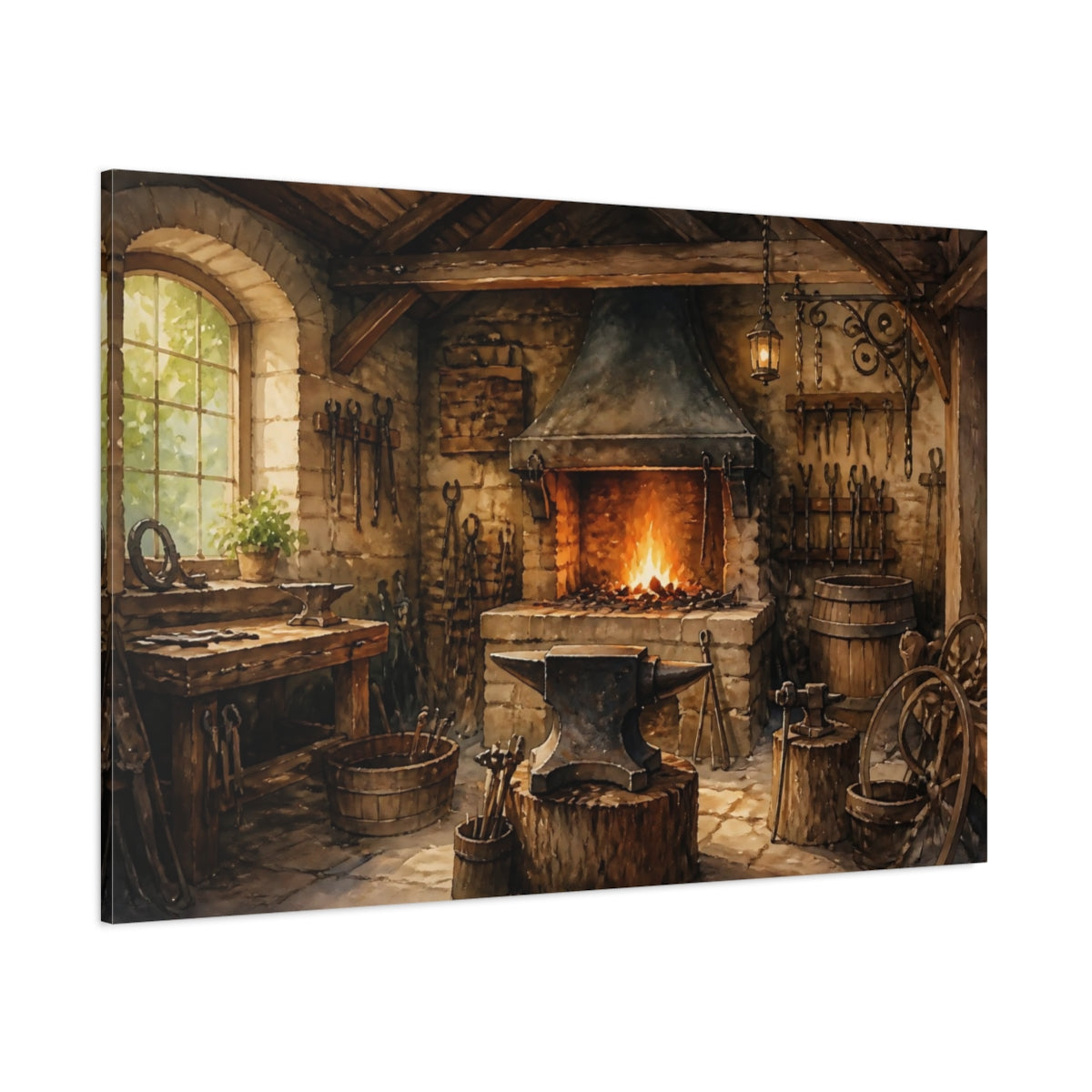 Side Mockup 1. Rustic Blacksmith Forge shown as canvas print