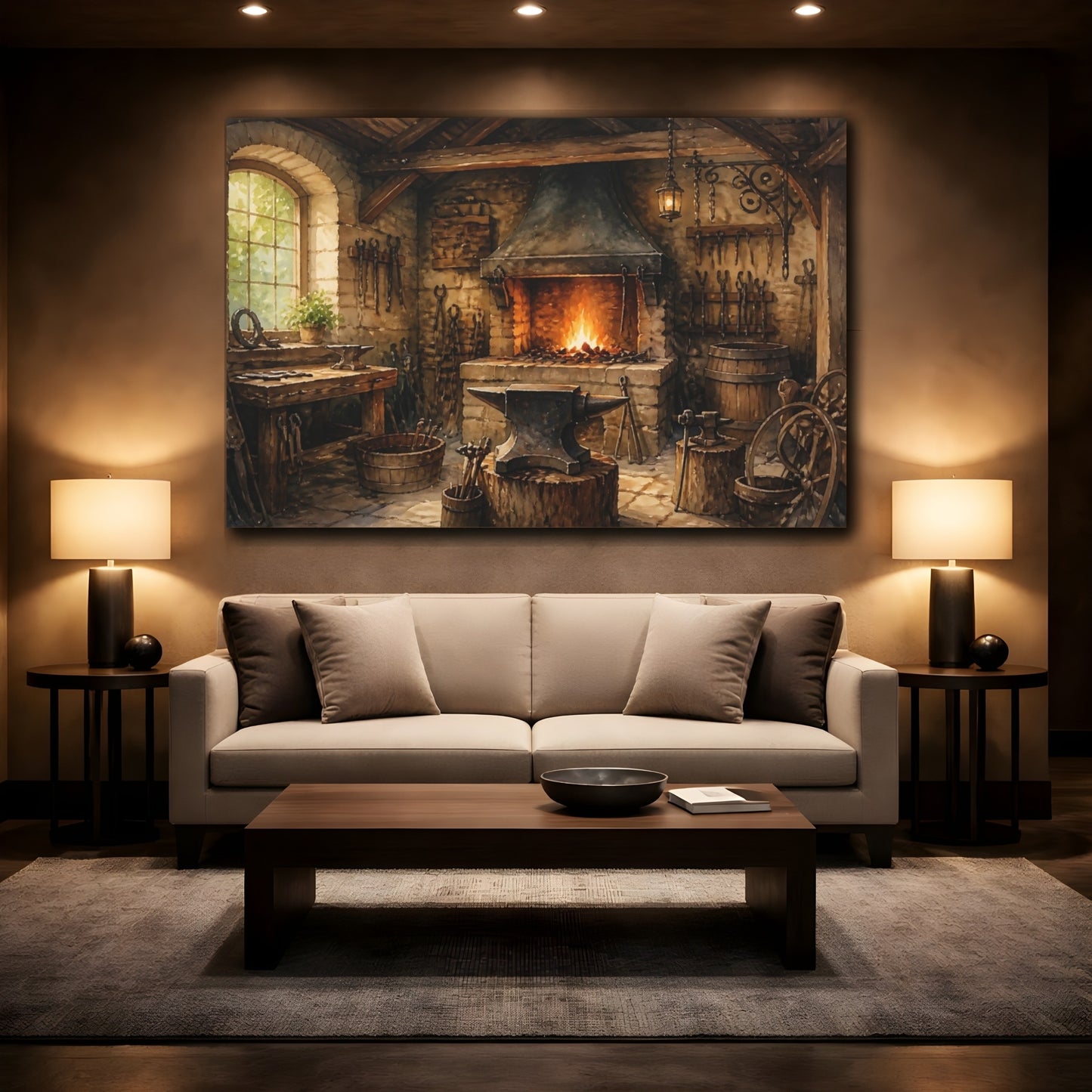 Mockup 2. Rustic Blacksmith Forge shown as canvas print