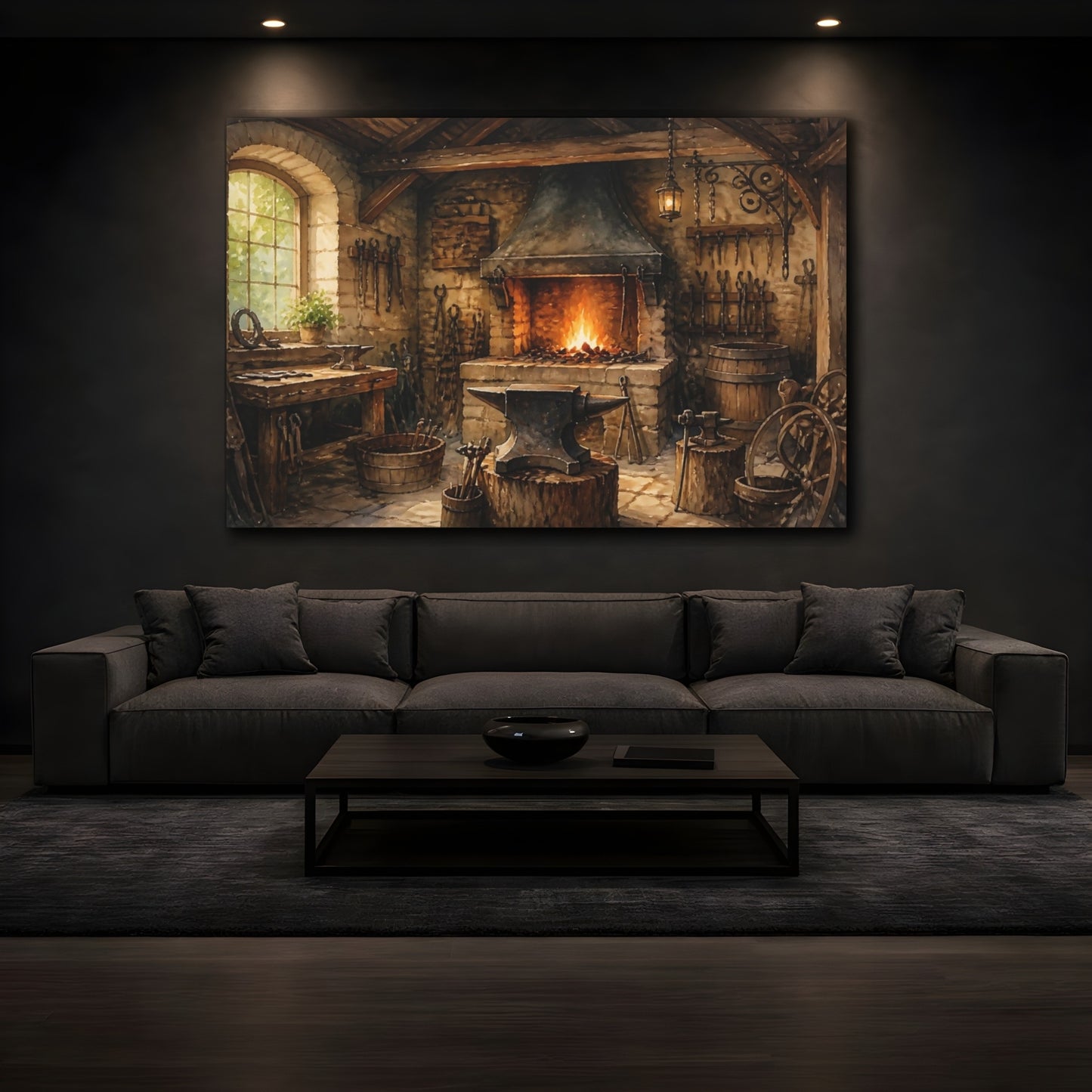 Mockup 3. Rustic Blacksmith Forge shown as canvas print