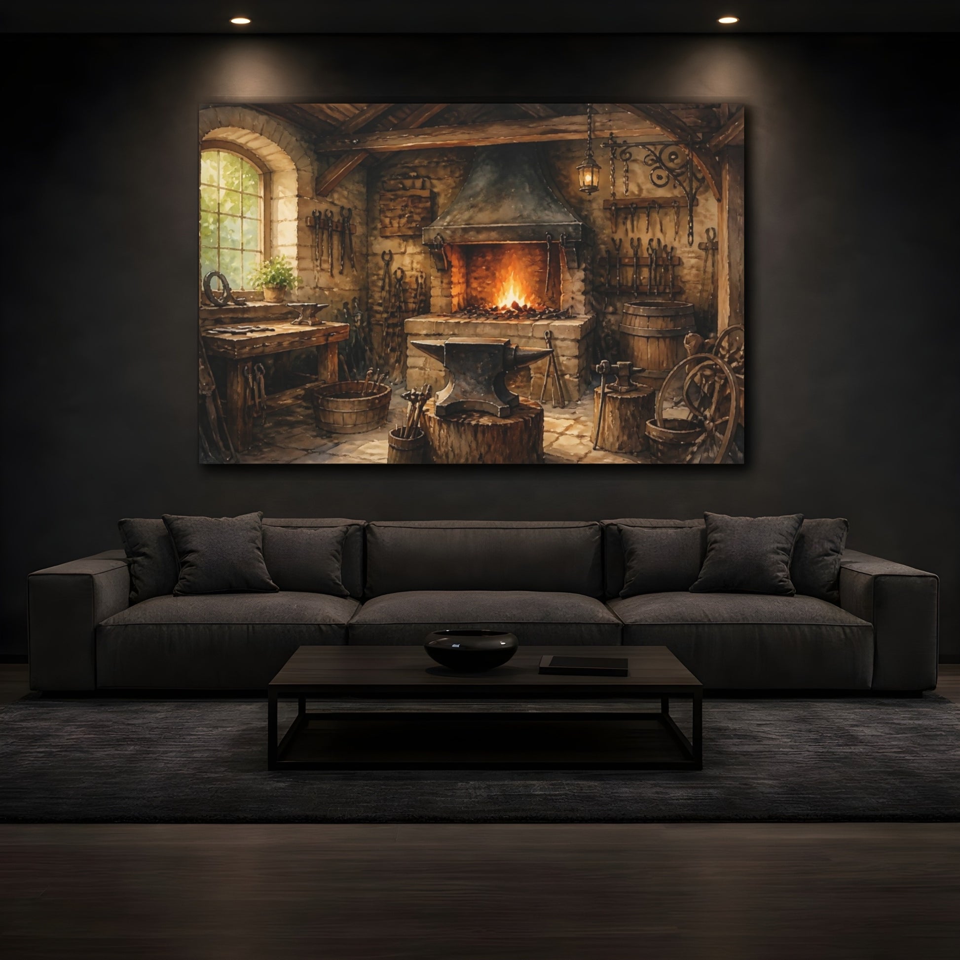 Mockup 3. Rustic Blacksmith Forge shown as canvas print