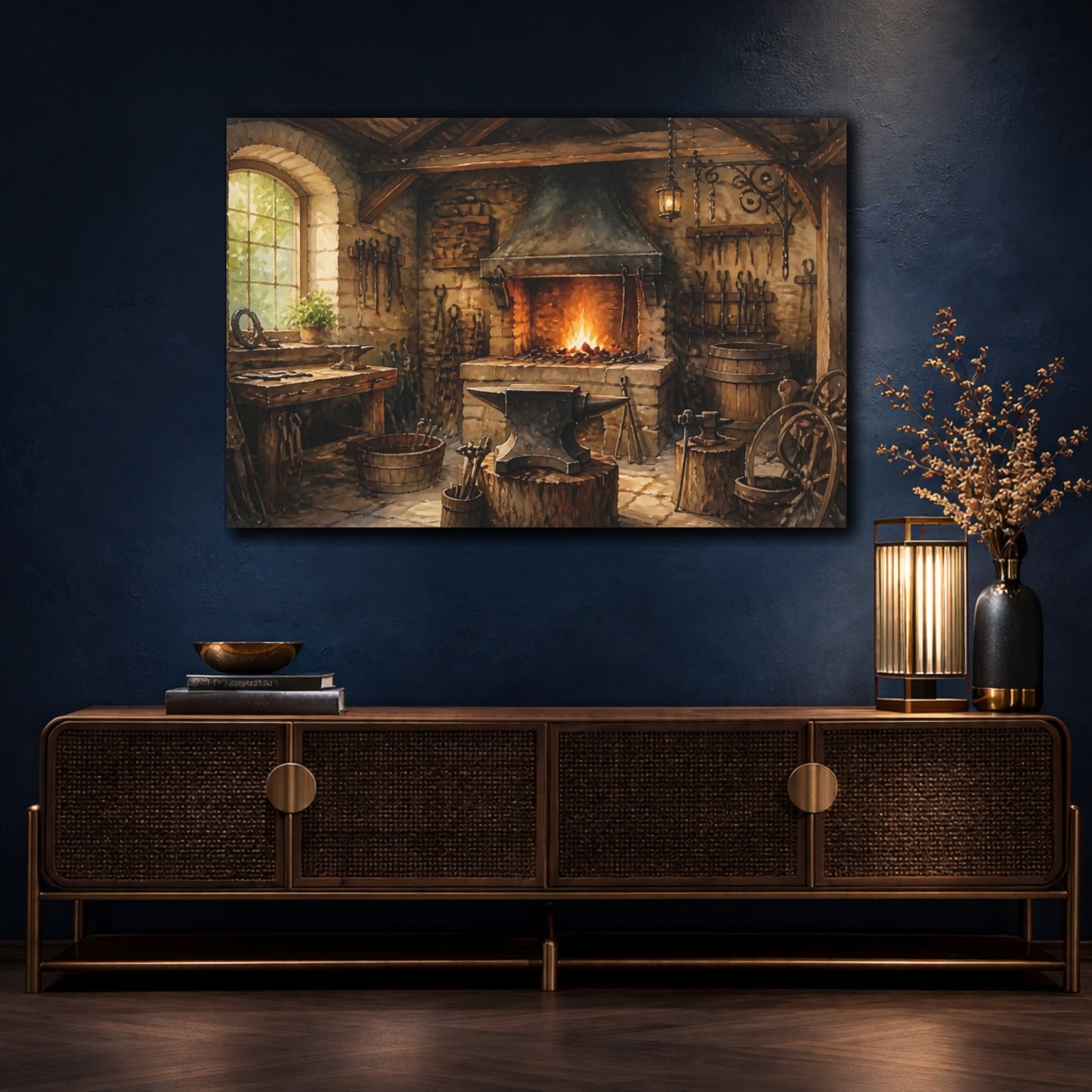 Mockup 4. Rustic Blacksmith Forge shown as canvas print
