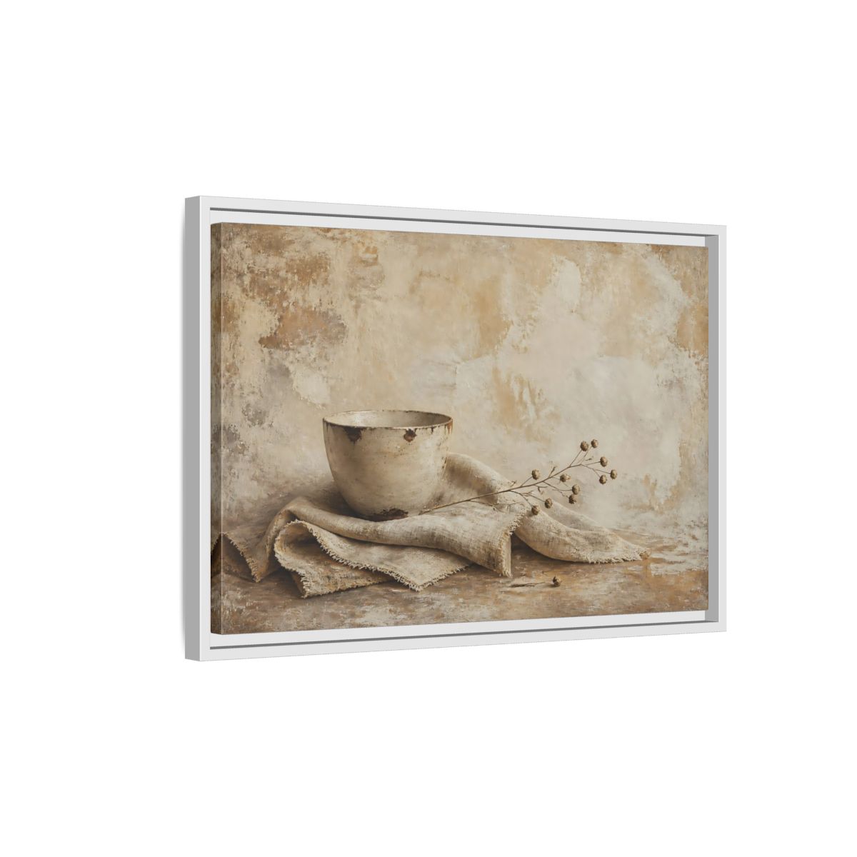 Side Mockup 1. Rustic Bowl On Frayed Linen shown as framed canvas print