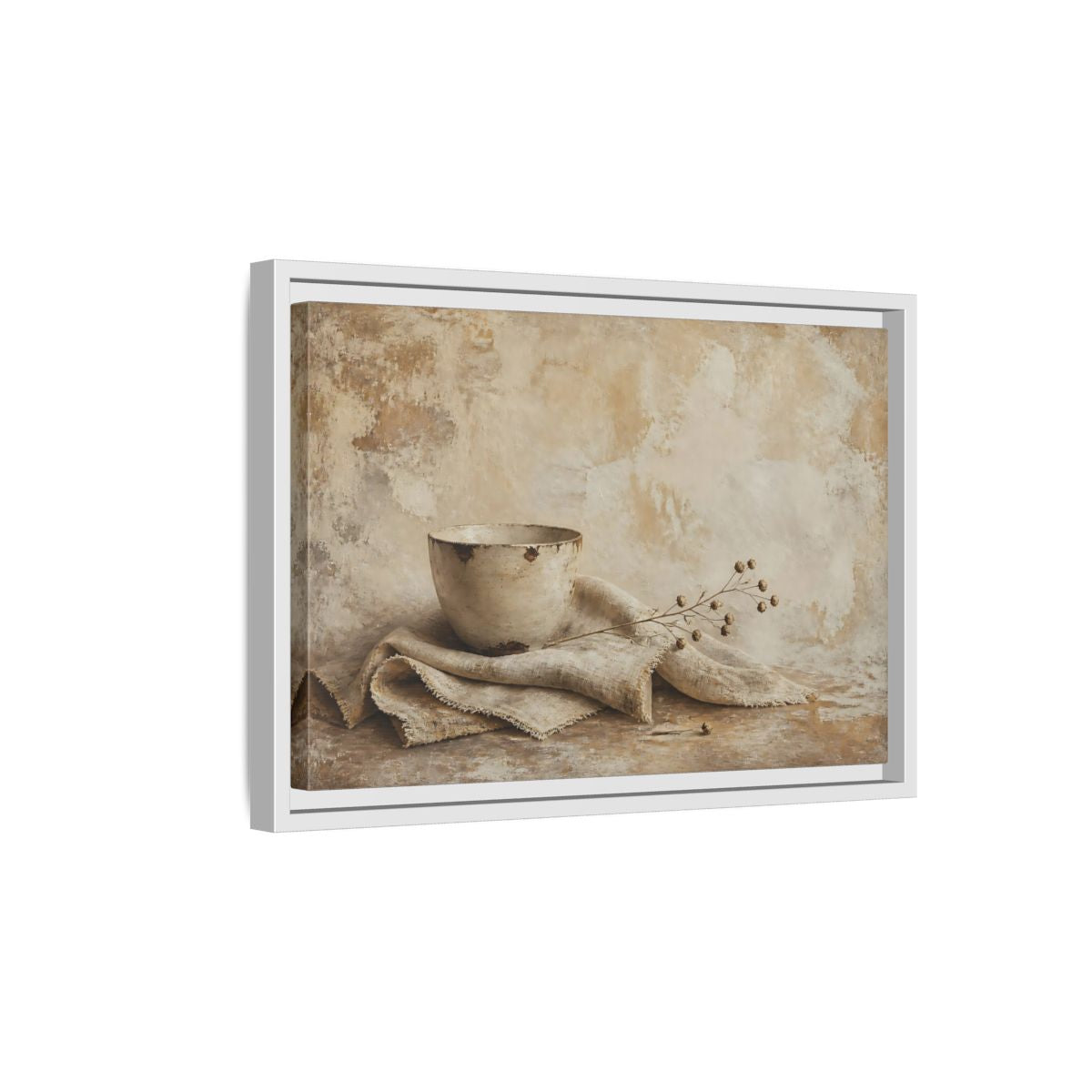 Side Mockup 4. Rustic Bowl On Frayed Linen shown as framed canvas print