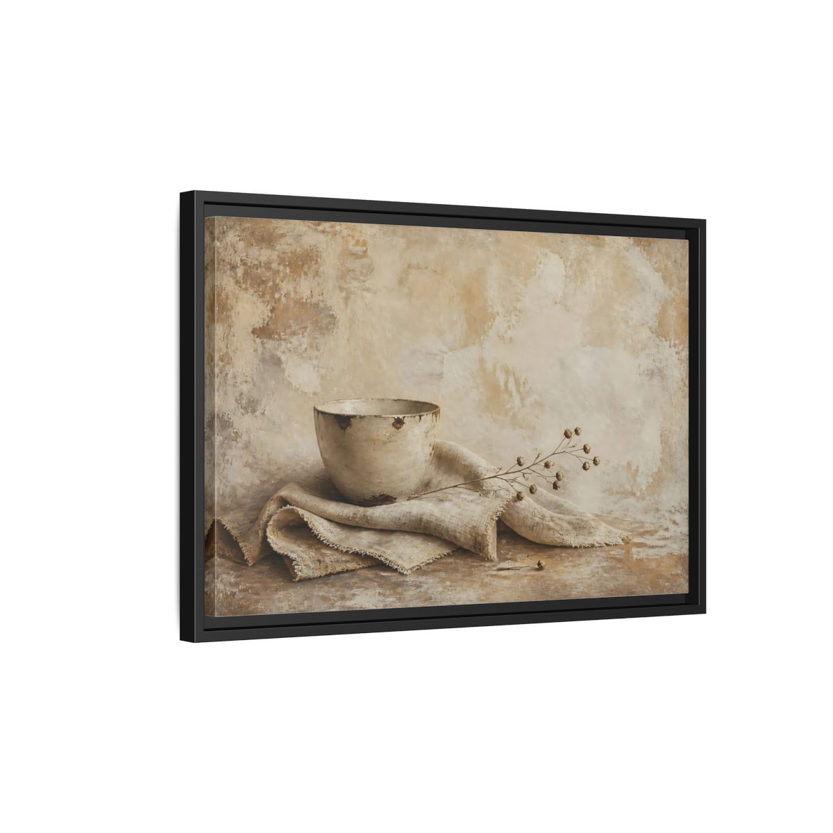 Side Mockup 3. Rustic Bowl On Frayed Linen shown as framed canvas print