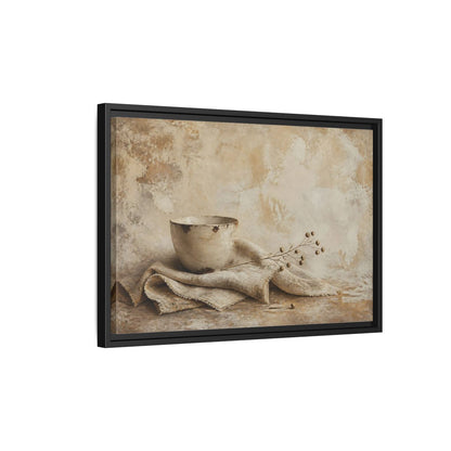 Side Mockup 3. Rustic Bowl On Frayed Linen shown as framed canvas print