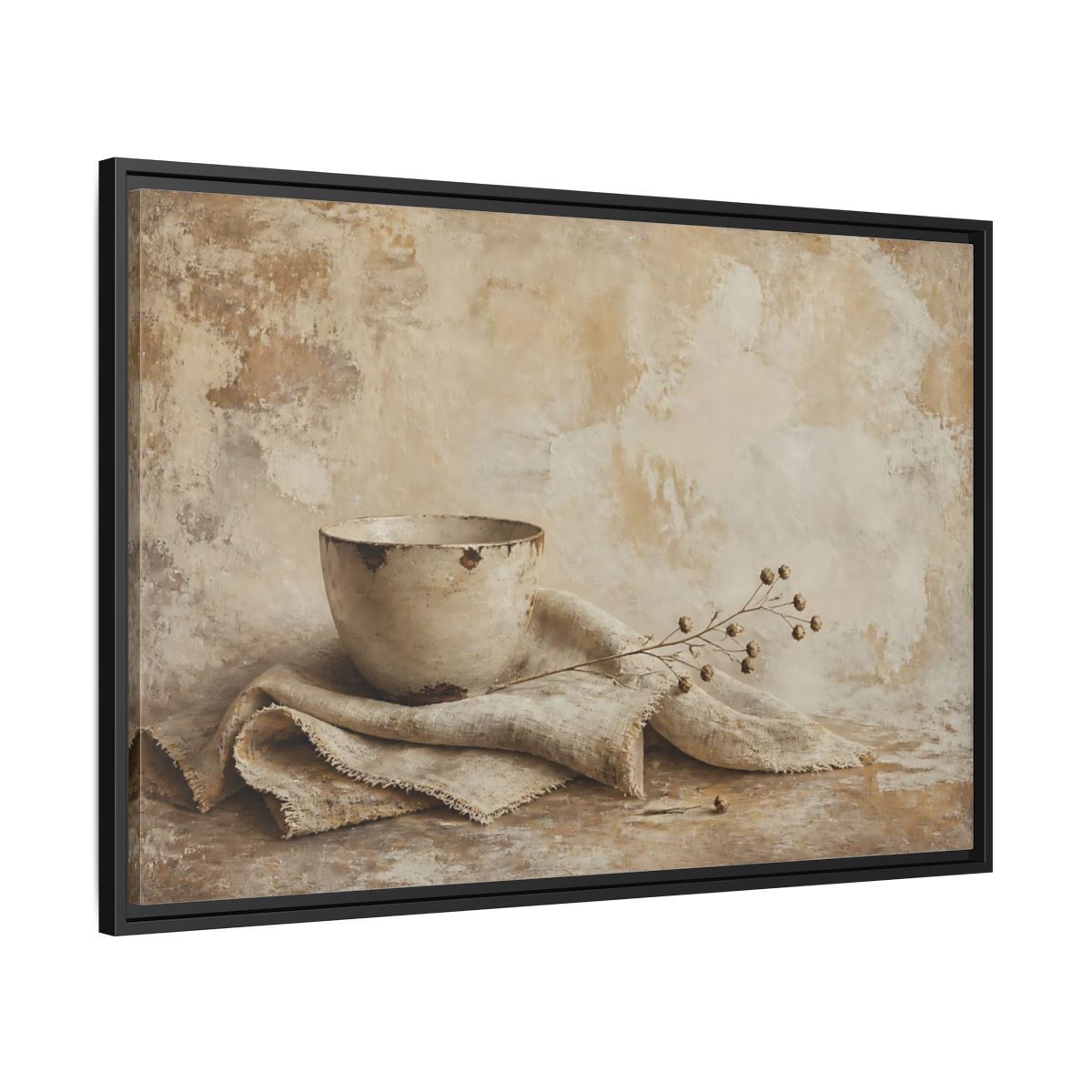 Side Mockup 13. Rustic Bowl On Frayed Linen shown as framed canvas print