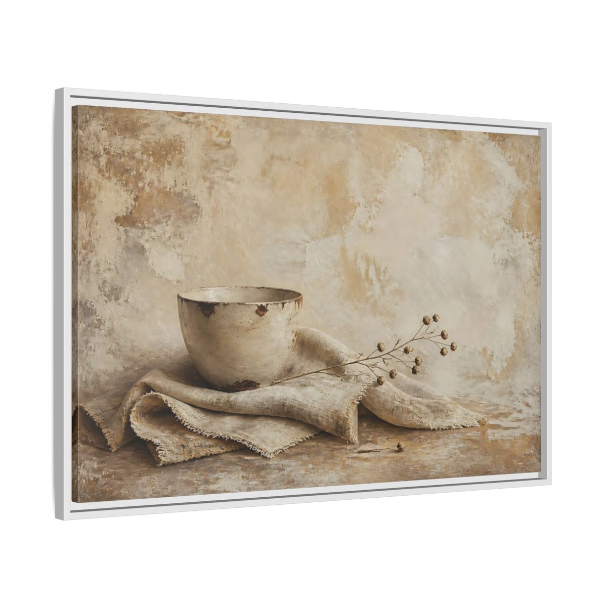 Side Mockup 9. Rustic Bowl On Frayed Linen shown as framed canvas print