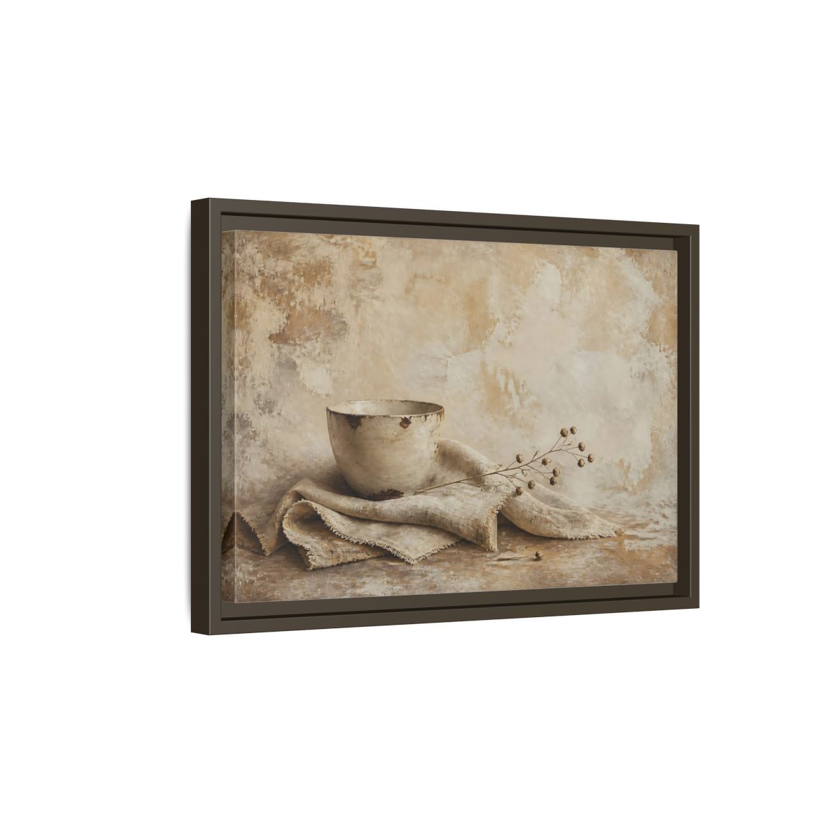 Side Mockup 5. Rustic Bowl On Frayed Linen shown as framed canvas print