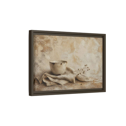 Side Mockup 5. Rustic Bowl On Frayed Linen shown as framed canvas print
