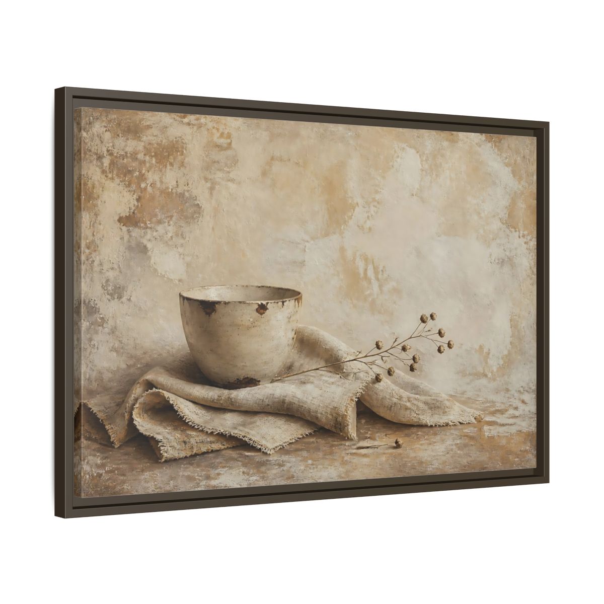 Side Mockup 11. Rustic Bowl On Frayed Linen shown as framed canvas print
