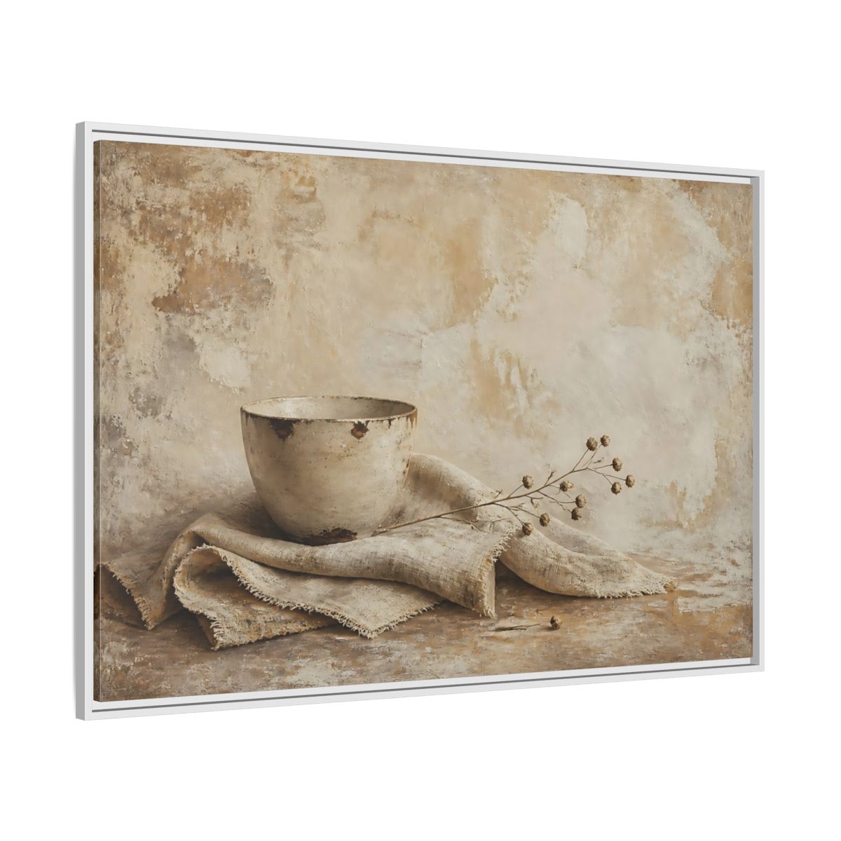 Side Mockup 7. Rustic Bowl On Frayed Linen shown as framed canvas print