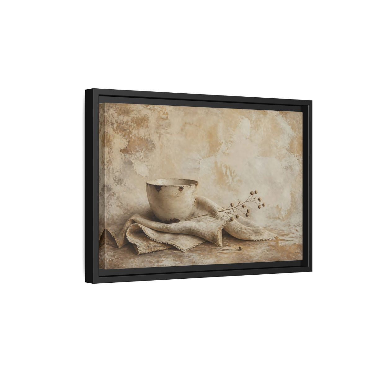Side Mockup 6. Rustic Bowl On Frayed Linen shown as framed canvas print