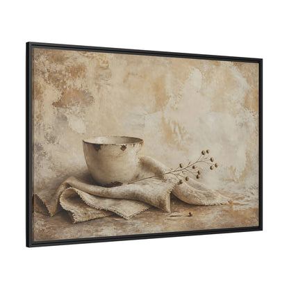 Side Mockup 12. Rustic Bowl On Frayed Linen shown as framed canvas print