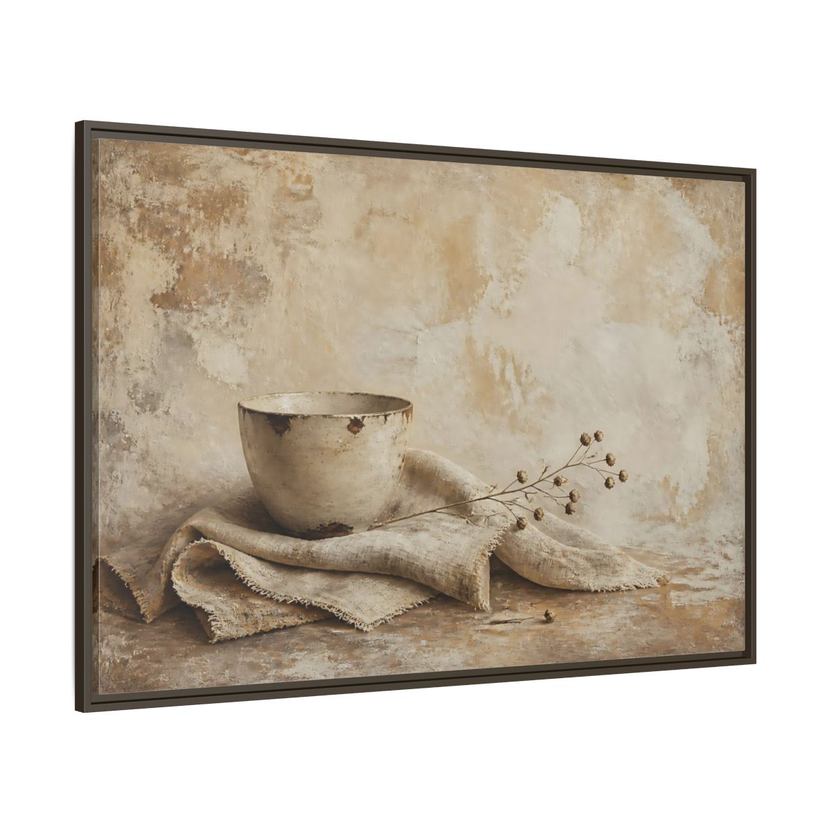 Side Mockup 8. Rustic Bowl On Frayed Linen shown as framed canvas print
