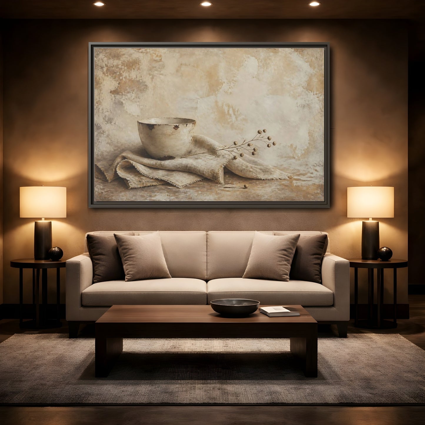 Mockup 2. Rustic Bowl On Frayed Linen shown as framed canvas print