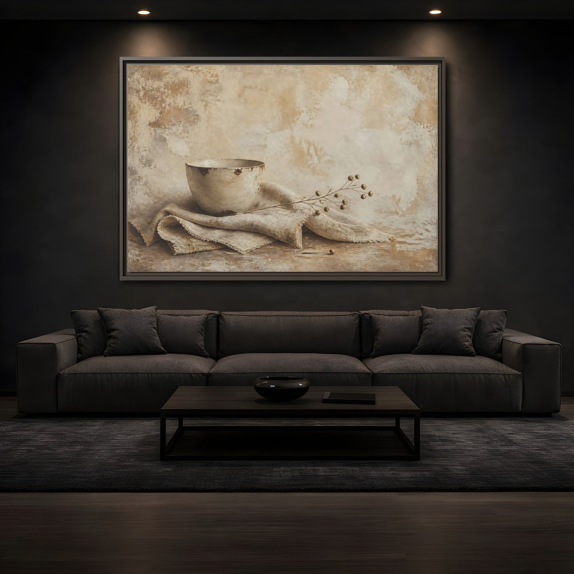 Mockup 3. Rustic Bowl On Frayed Linen shown as framed canvas print