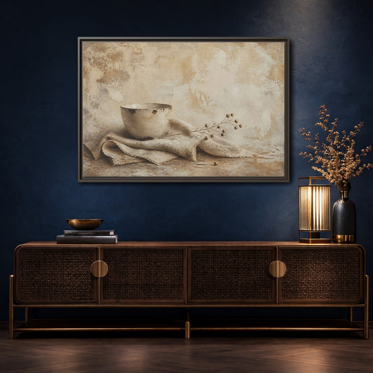 Mockup 4. Rustic Bowl On Frayed Linen shown as framed canvas print