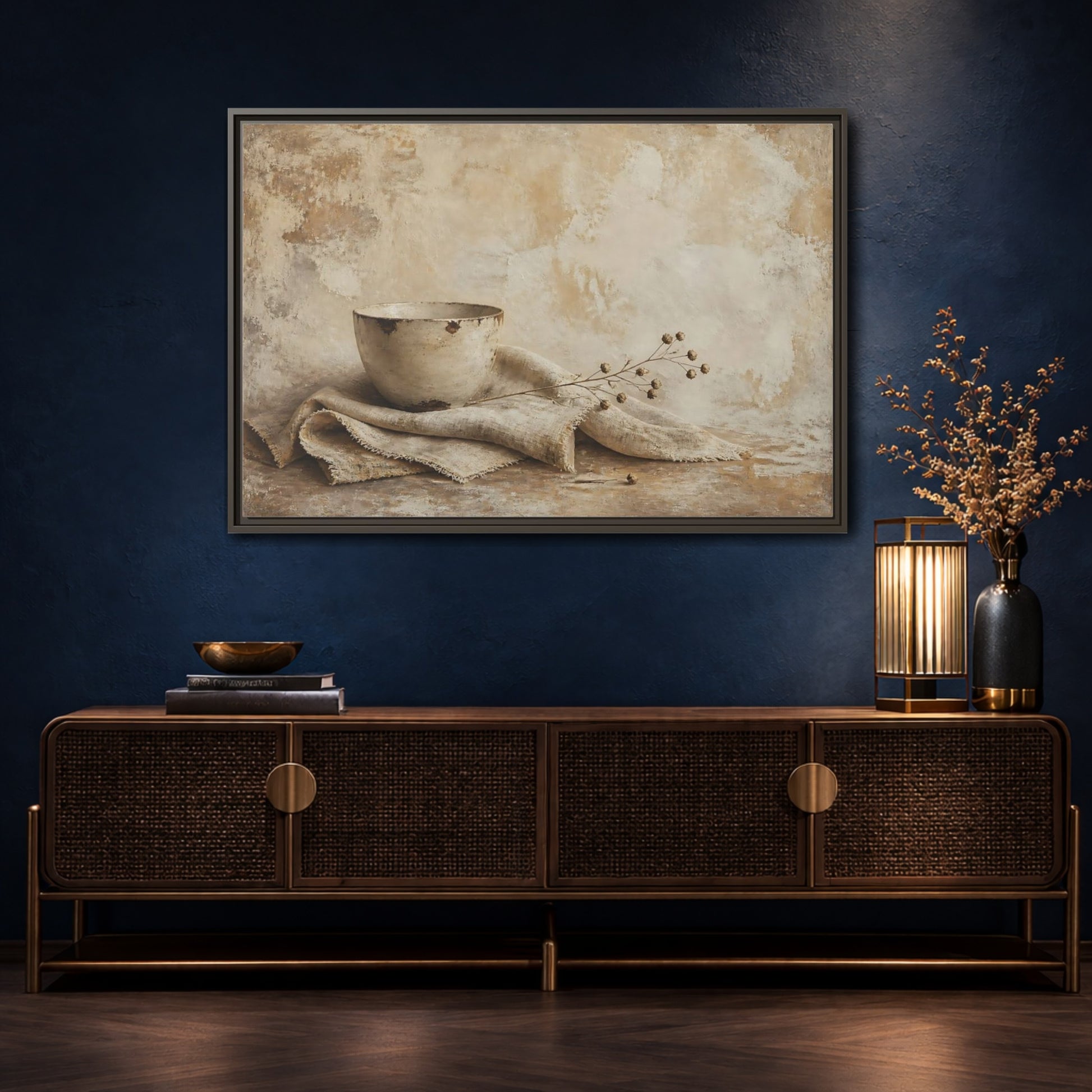 Mockup 4. Rustic Bowl On Frayed Linen shown as framed canvas print