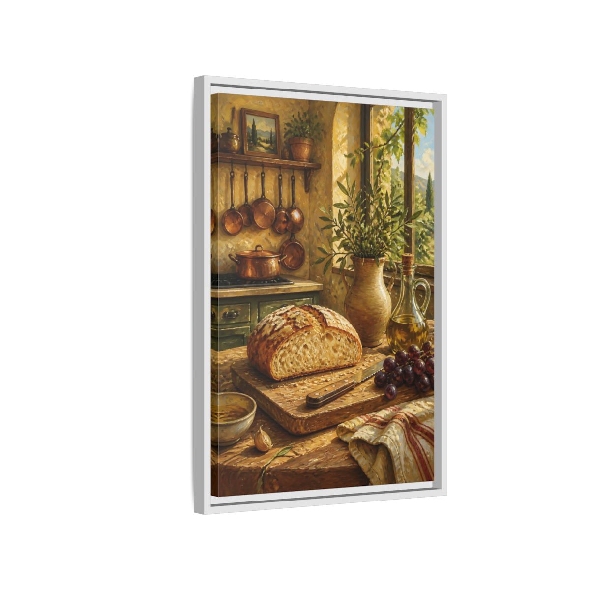 Side Mockup 1. Rustic Bread & Olive Oil shown as framed canvas print