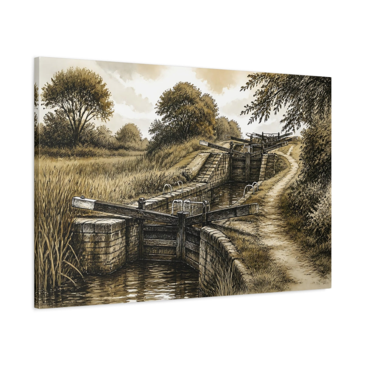 Main Mockup. Rustic Canal Lock shown as canvas print