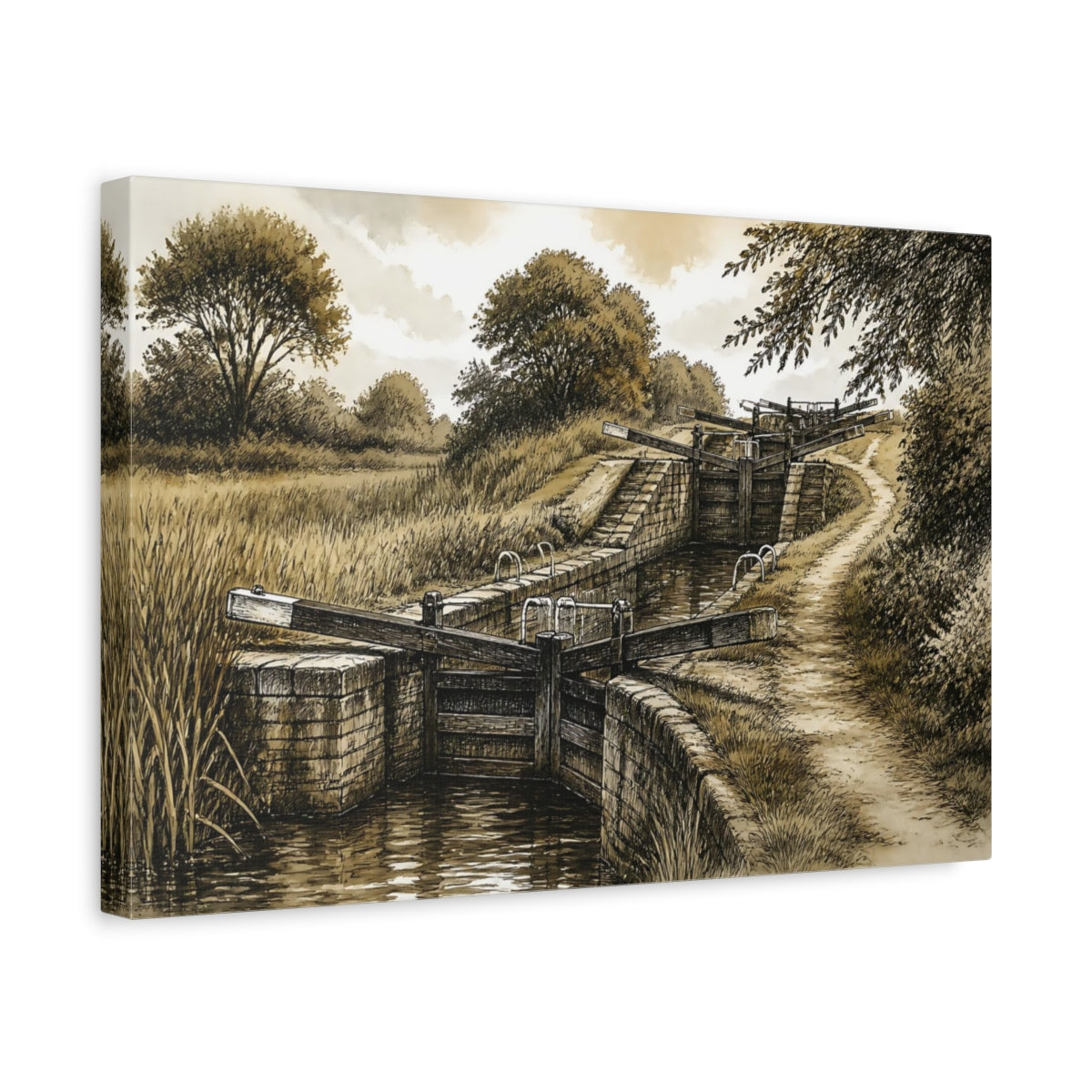 Side Mockup 4. Rustic Canal Lock shown as canvas print