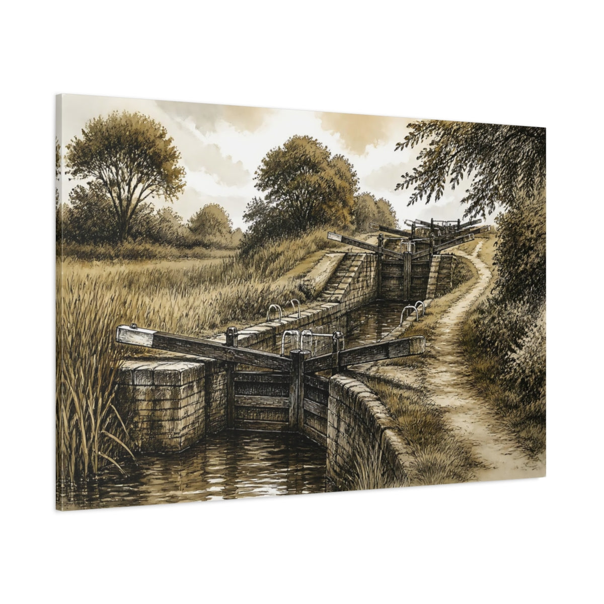 Side Mockup 1. Rustic Canal Lock shown as canvas print