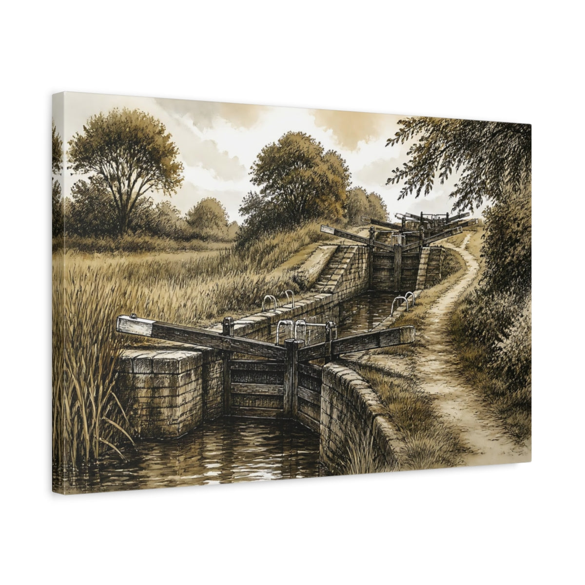 Side Mockup 3. Rustic Canal Lock shown as canvas print