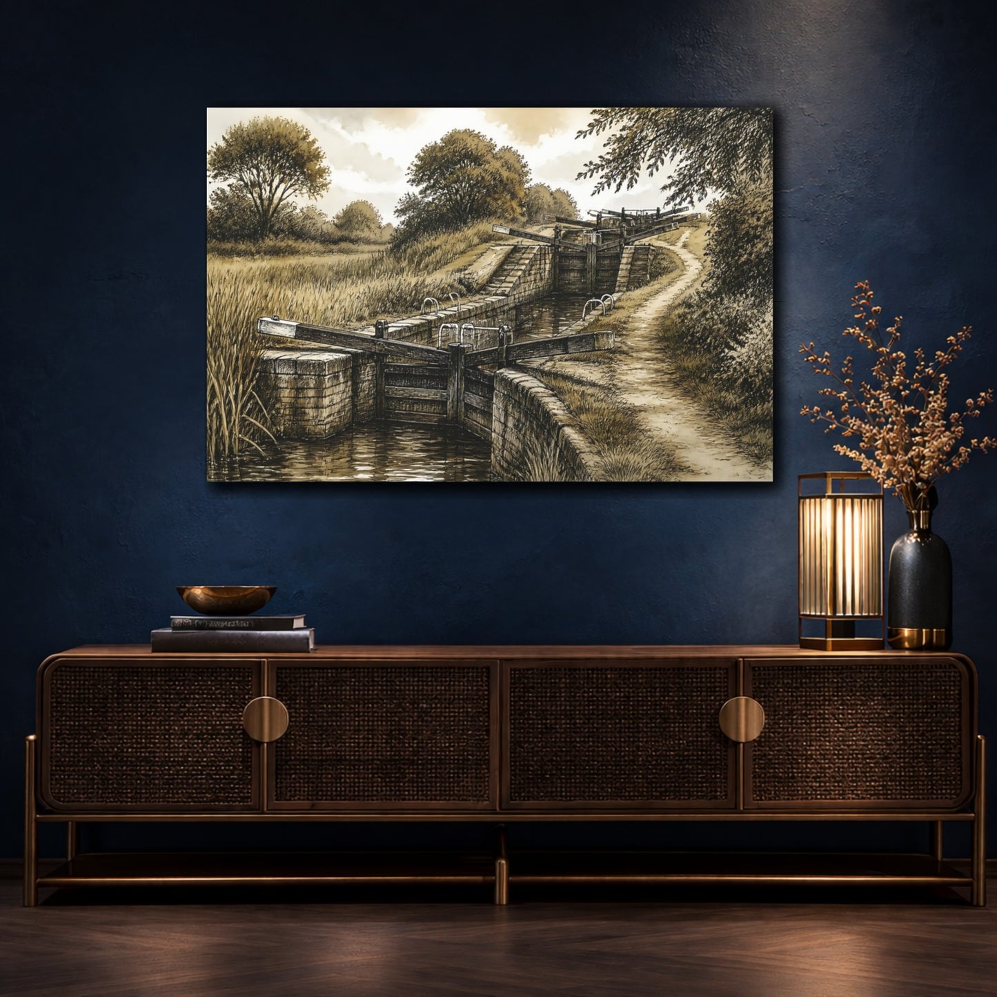 Mockup 4. Rustic Canal Lock shown as canvas print