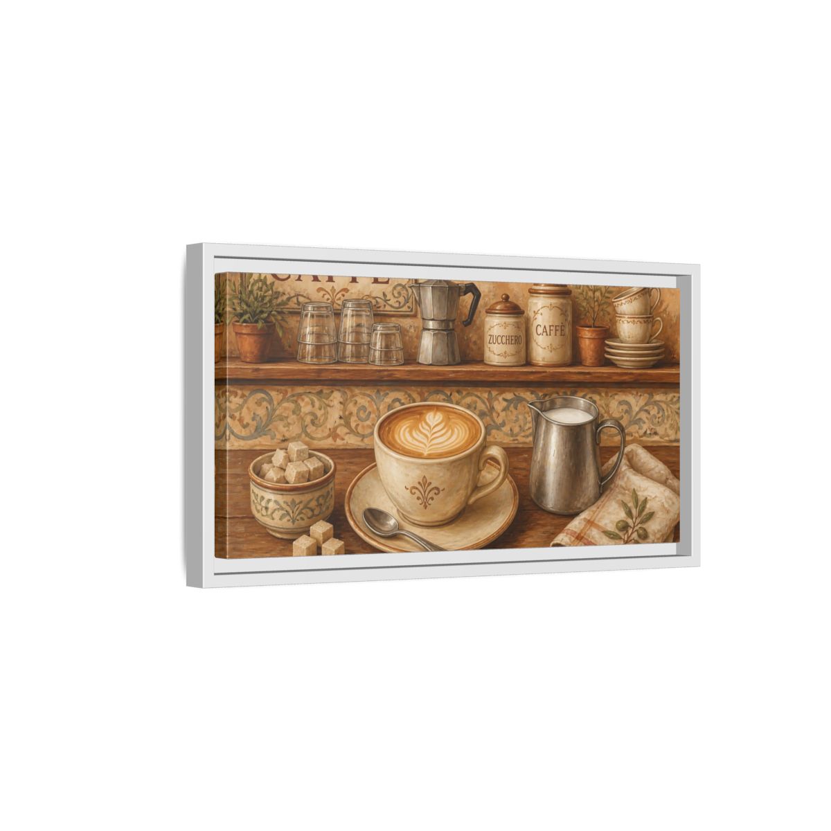 Side Mockup 6. Rustic Cappuccino Counter shown as framed canvas print