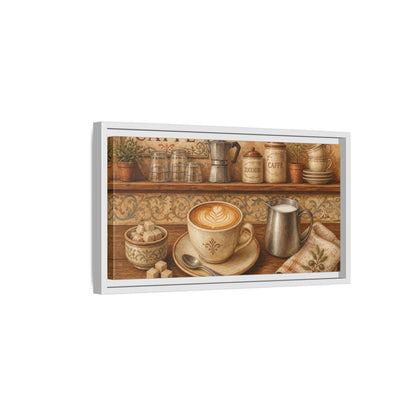 Side Mockup 6. Rustic Cappuccino Counter shown as framed canvas print
