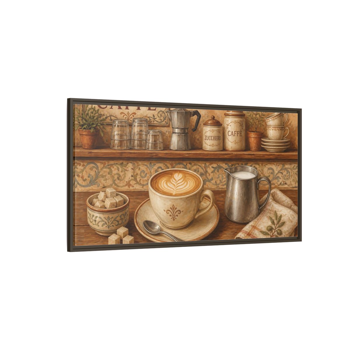 Side Mockup 4. Rustic Cappuccino Counter shown as framed canvas print