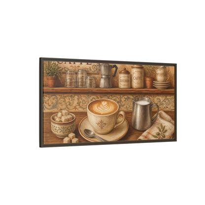 Side Mockup 4. Rustic Cappuccino Counter shown as framed canvas print