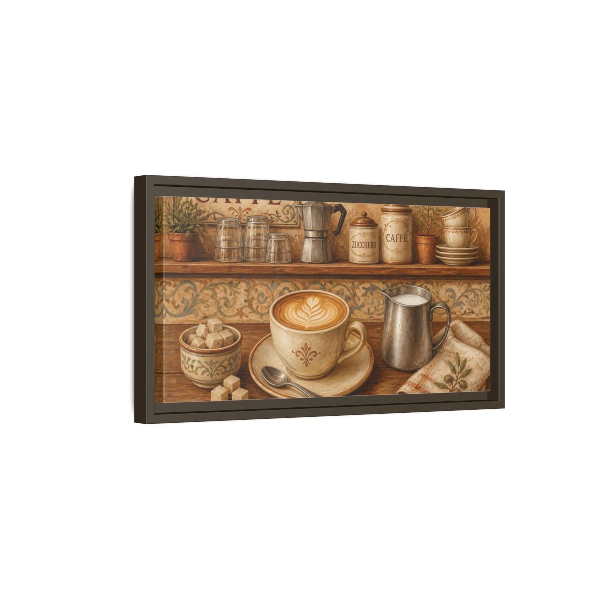 Side Mockup 7. Rustic Cappuccino Counter shown as framed canvas print