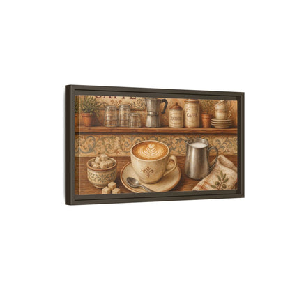 Side Mockup 7. Rustic Cappuccino Counter shown as framed canvas print