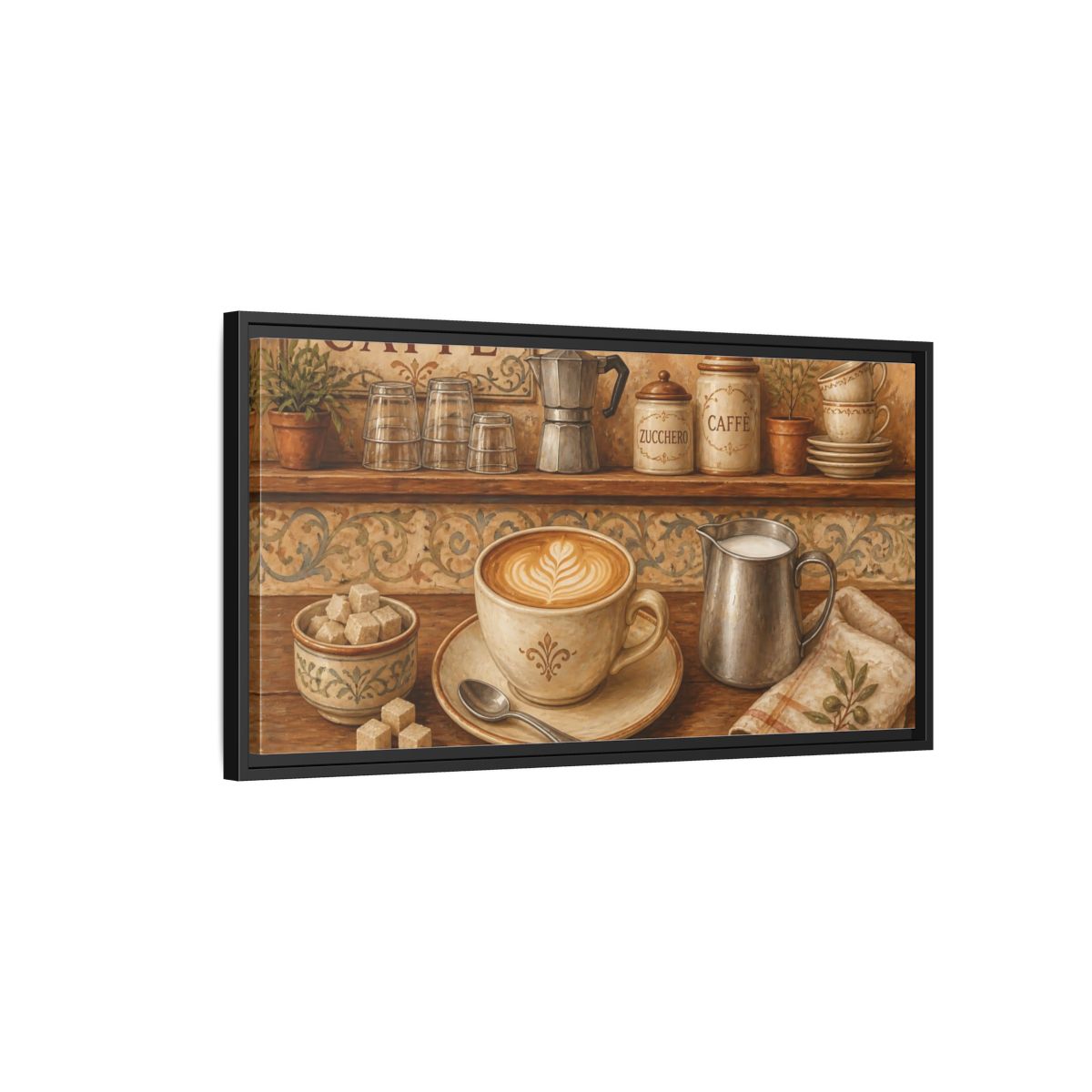 Side Mockup 2. Rustic Cappuccino Counter shown as framed canvas print